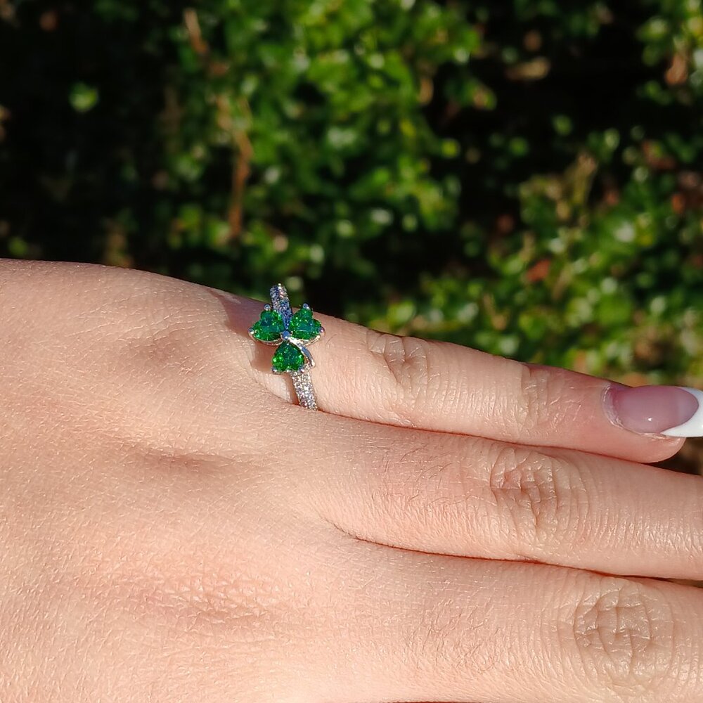 Solvar Irish Three Leaf Clover Shamrock Sterling Silver Green Crystal CZ Ring - Picture 11 of 14
